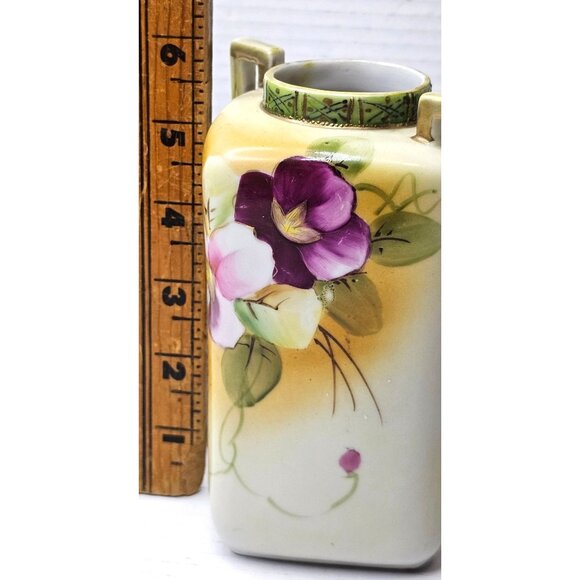 Vtg Nippon Hand-Painted Floral Vase with Handles Square Shape Unique Design - Picture 11 of 11
